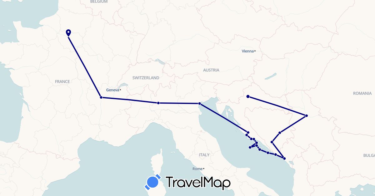 TravelMap itinerary: driving in Bosnia and Herzegovina, France, Croatia, Italy, Montenegro, Serbia (Europe)